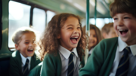 Portrait of happy little schoolgirl in school uniform sitting in the bus and screamingの素材