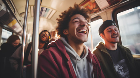 Group of friends traveling by train. They are laughing and having fun.の素材