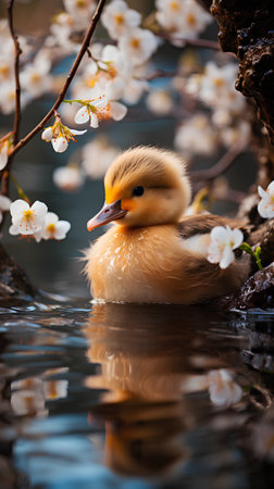 Cute little duckling swimming in the lake with cherry blossom.の素材
