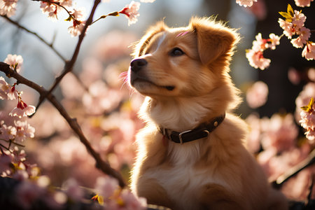 Cute puppy in the blooming garden on a sunny spring dayの素材