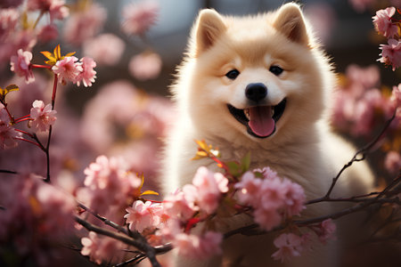 Cute Pomeranian dog in blooming sakura tree.の素材
