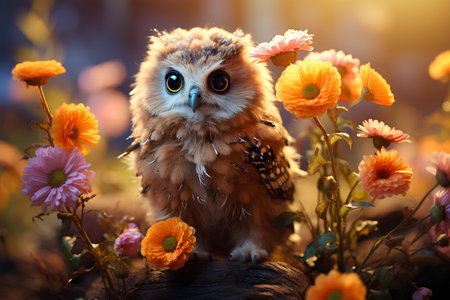 Beautiful owl in the meadow of flowers. 3d renderingの素材