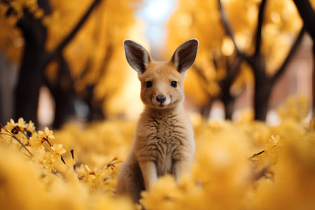 Cute little red kangaroo in yellow flower garden with copy spaceの素材