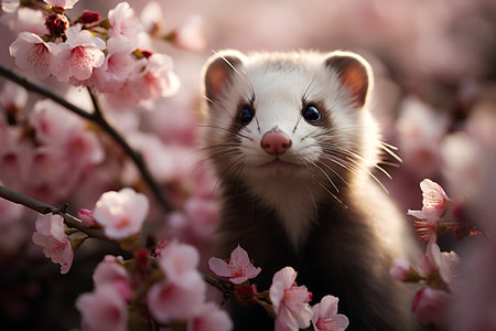 Cute ferret in blooming sakura garden. Animal portraitの素材