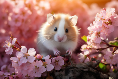 Hamster in blooming sakura flowers. Cute hamster on the background of spring blossoms.の素材