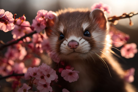 Portrait of a ferret on the background of flowering branches.の素材