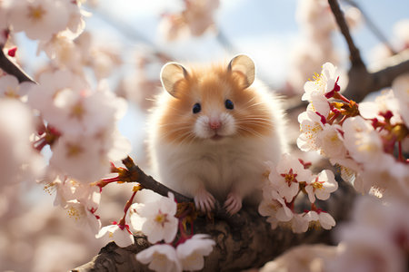 Hamster sits on a branch of a blossoming tree in springの素材