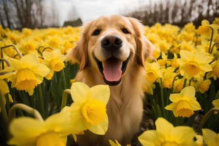 Cute Golden Retriever dog in daffodils fieldの素材
