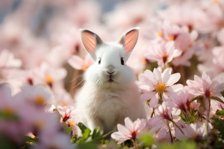 Cute white rabbit in blooming spring garden with pink flowers.の素材