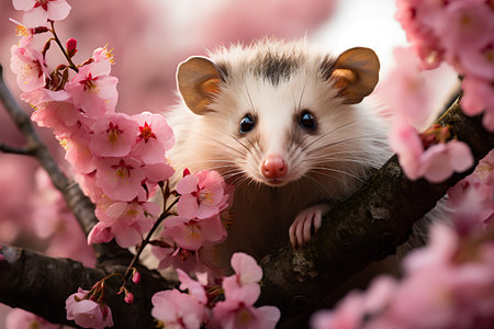 Cute pet rat sitting on tree branch with pink sakura flowersの素材