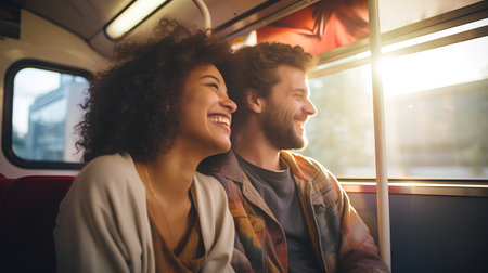 Young multiethnic couple traveling by train. They are looking at each other and smilingの素材