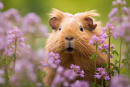 Cute guinea pig in the meadow with purple flowers.の素材