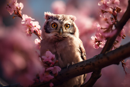 Owl sitting on a branch of a blossoming sakura treeの素材