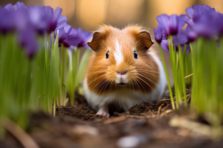 Cute guinea pig on the background of purple crocusesの素材