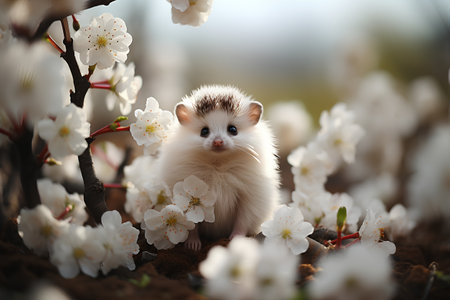 Cute little hedgehog among blooming sakura flowers on spring dayの素材