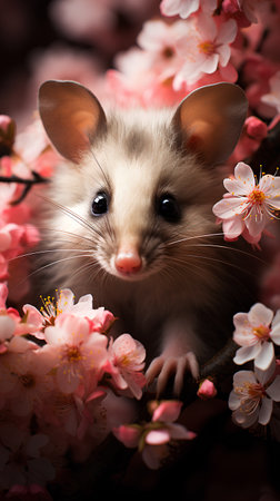 Portrait of a cute little mouse with cherry blossom flowers.の素材