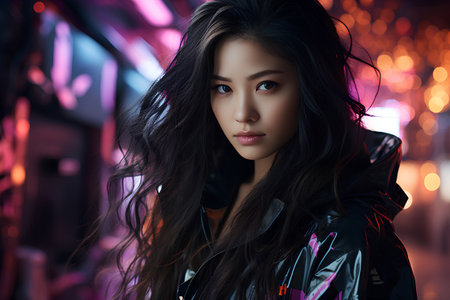 Portrait of a beautiful asian woman in a black leather jacket.の素材