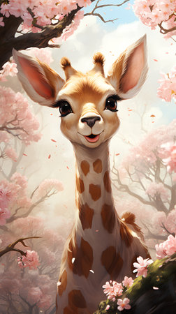 Cute giraffe in cherry blossom sakura. Digital paintingの素材