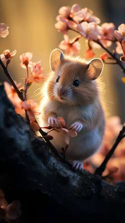 Cute hamster on a branch of a blossoming tree.の素材