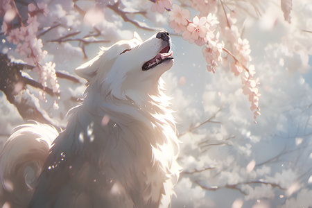 Samoyed dog in blooming cherry tree. Vintage style.の素材