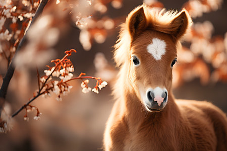 Portrait of a foal on a background of flowering branches.の素材