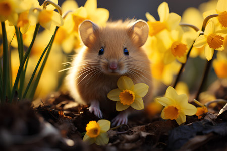 Hamster in a spring garden with yellow daffodils.の素材