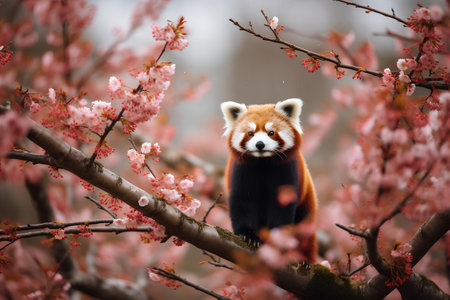 Red panda in blossom sakura tree. The red panda, Ailurus fulgensの素材