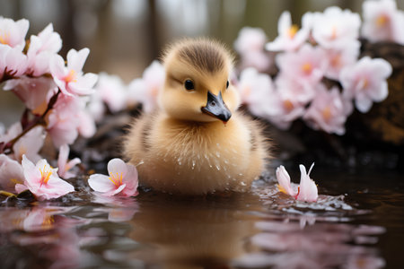 Cute little duckling swimming in the water with pink flowers.の素材