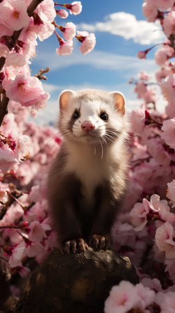 Ferret on a background of pink cherry blossoms in spring.の素材