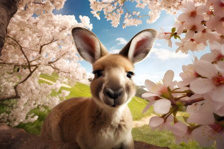 Cute kangaroo looking at the camera with cherry blossom backgroundの素材