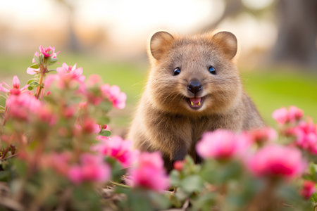 Close up portrait of a cute little marsupial with pink flowersの素材