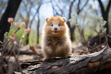 Portrait of a cute little red pomeranian in the forestの素材