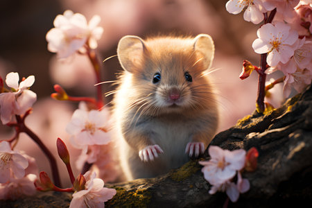 Hamster on cherry blossom background. Hamster in the spring garden.の素材