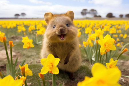 Portrait of a cute little brown rat standing in a field of daffodilsの素材