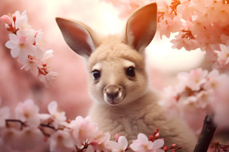 Cute kangaroo puppy in blooming sakura tree.の素材