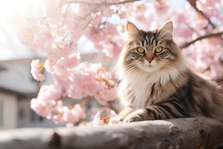 Beautiful siberian cat on the background of blooming sakuraの素材
