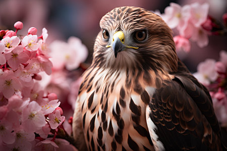 Portrait of a bird of prey in spring cherry blossoms.の素材