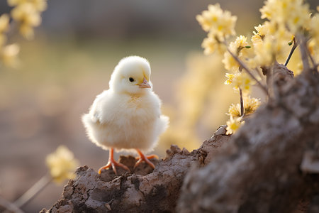 Cute little yellow chicken on a background of spring flowers. Easter concept.の素材
