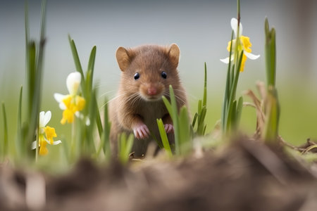 Little mouse in grass with yellow daffodils in the backgroundの素材
