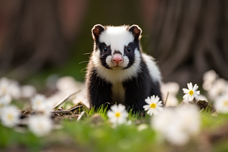Cute black and white badger sitting in the grass with daisiesの素材