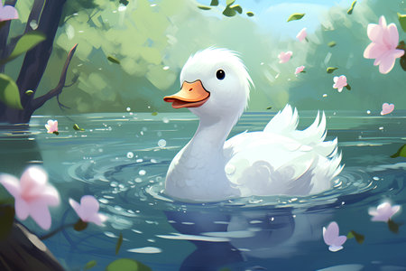 Illustration of a white swan swimming in a lake with flowersの素材