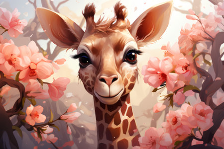 Giraffe head with flowers in the background. Vector illustration.の素材