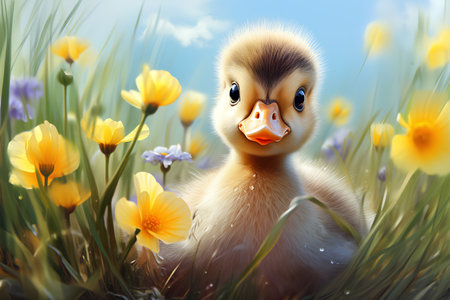 Little cute duckling in the meadow with spring flowers, 3d illustrationの素材