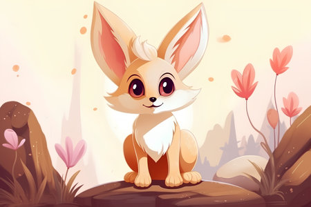 Cute cartoon rabbit sitting on the rock in the forest. Vector illustration.の素材