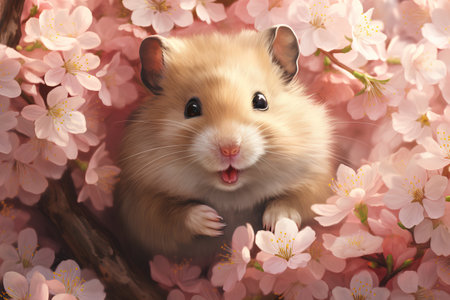 Cute hamster in spring cherry blossoms. Digital painting.の素材