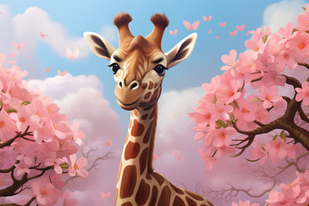 Cute giraffe with cherry blossom background. Vector illustration.の素材