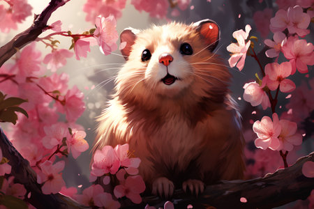 Cute hamster on a branch of blooming sakura.の素材