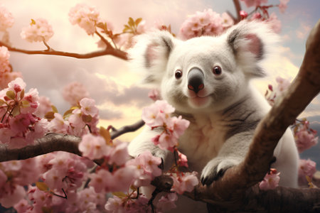 Cute koala bear on a tree branch with pink sakura flowersの素材
