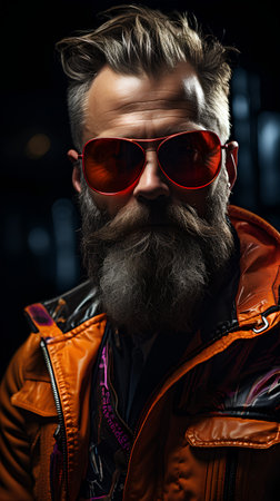 Portrait of a brutal man with a long beard and mustache in a red leather jacket and sunglasses.の素材