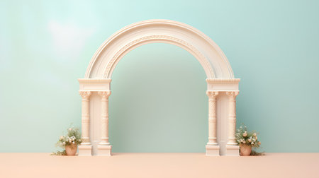 3d render of classic arch with flowers in vase on pastel backgroundの素材